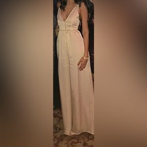 BRAND: Nasty Gal SIZE: XS. Ivory/ Cream satin jumpsuit with beaded detail